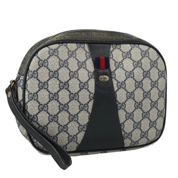 GUCCI GG Supreme Sherry Line Clutch Bag PVC Navy Red 89 01 034 Auth 103583 - Picture 1 of 16